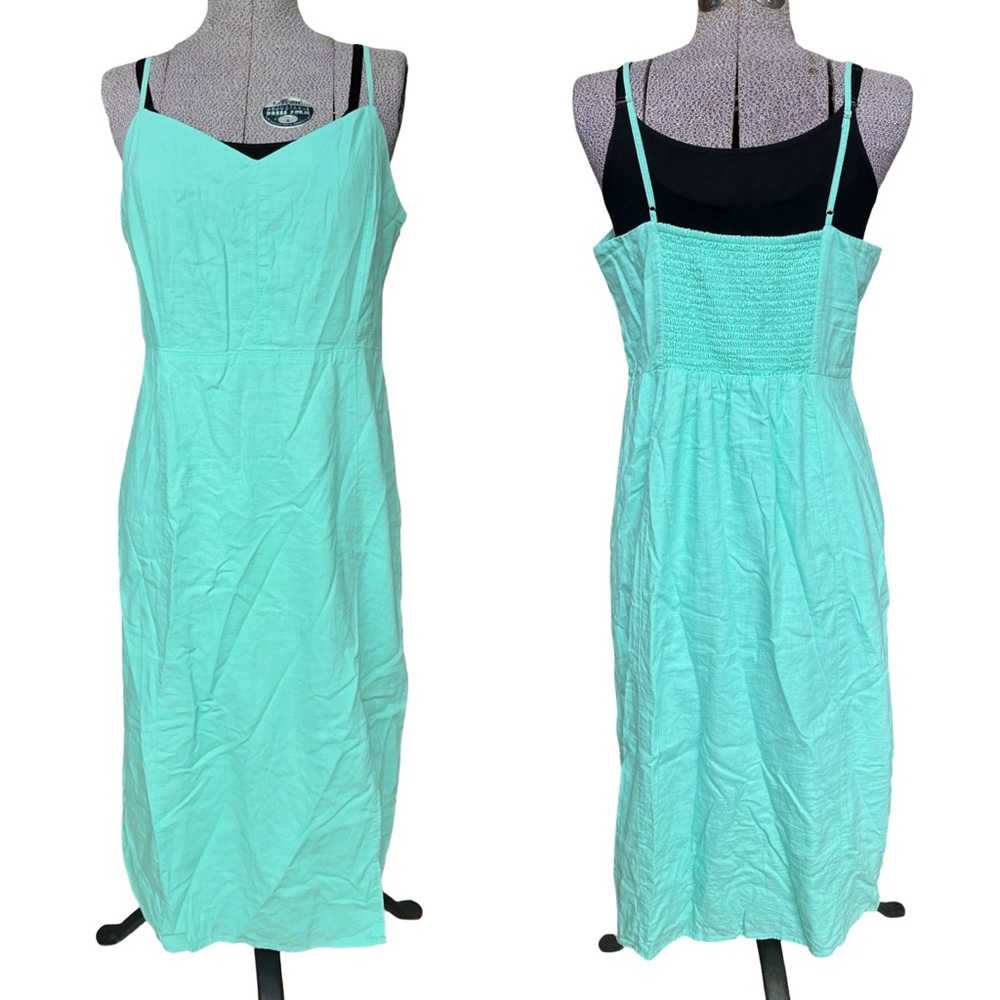 J.Crew Linen Blend Sunwashed Mint Midi Dress Size 14 Smocked Back Side Slit - Picture 3 of 15